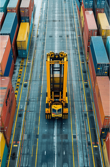 Aerial view of a yellow port straddle carrier moving between rows of stacked shipping containers